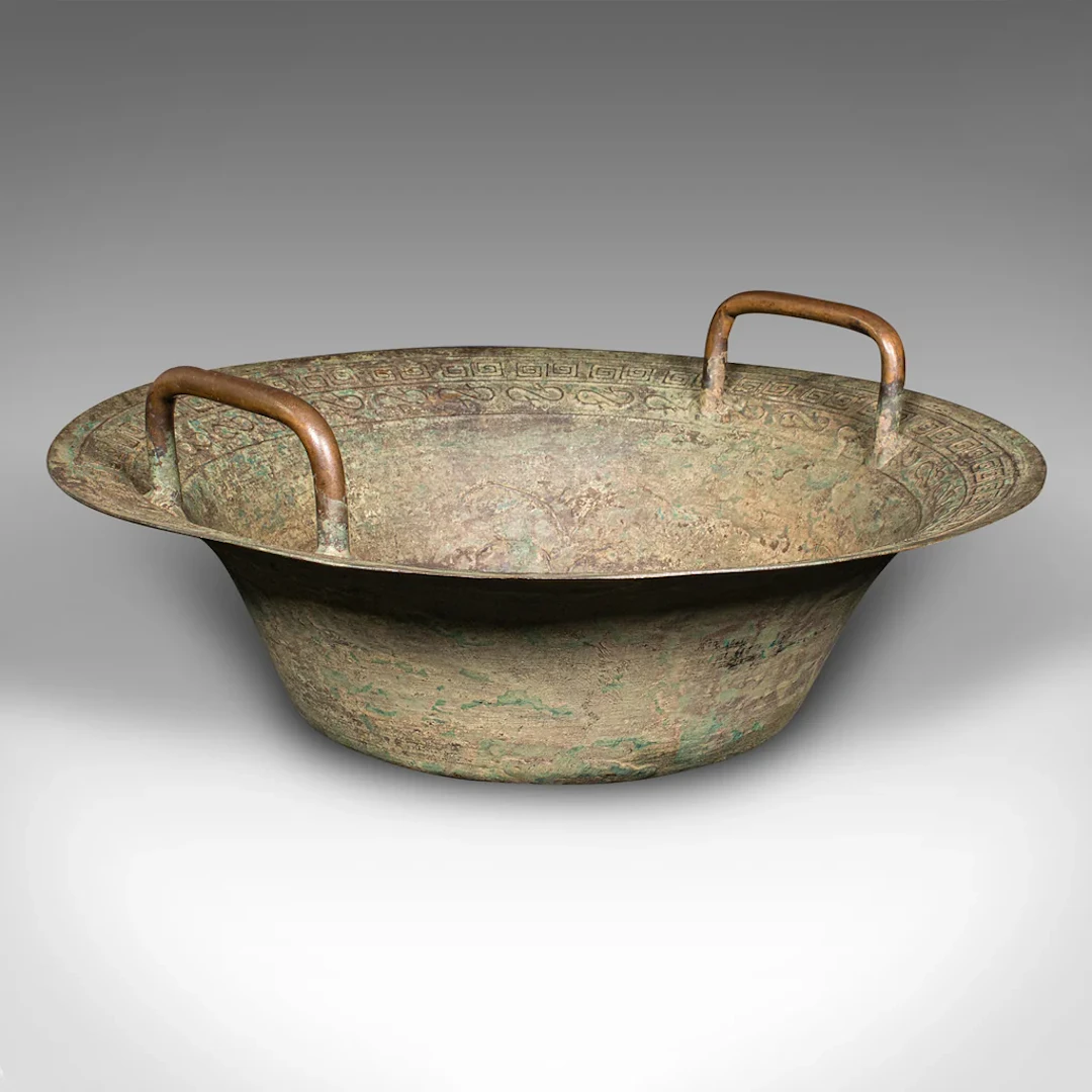 Antique Ceremonial Bowl, Chinese, Patinated Brass, Dish, Qing, Victorian