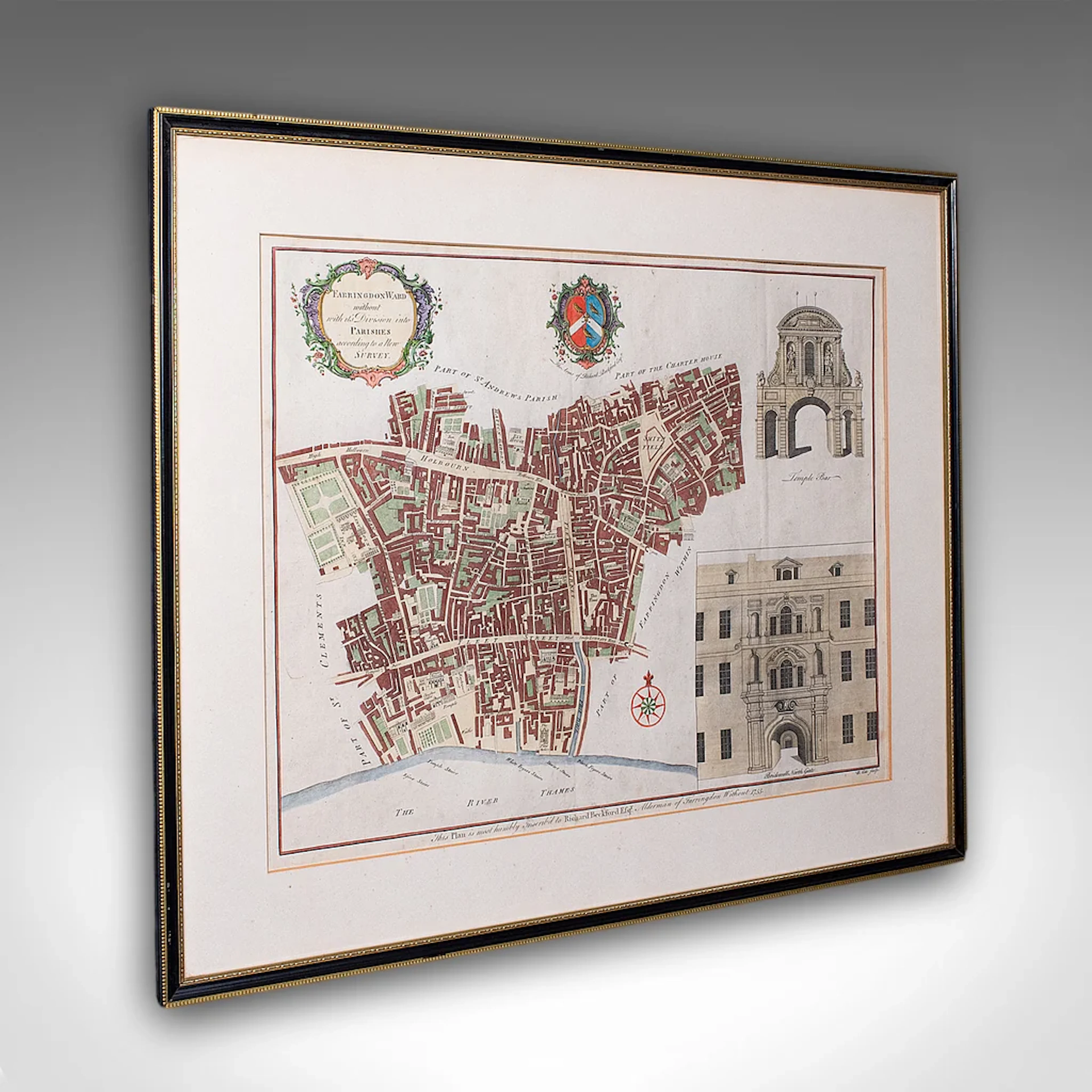 Antique London Street Map, Farringdon, English, Framed, Fleet Street, Georgian