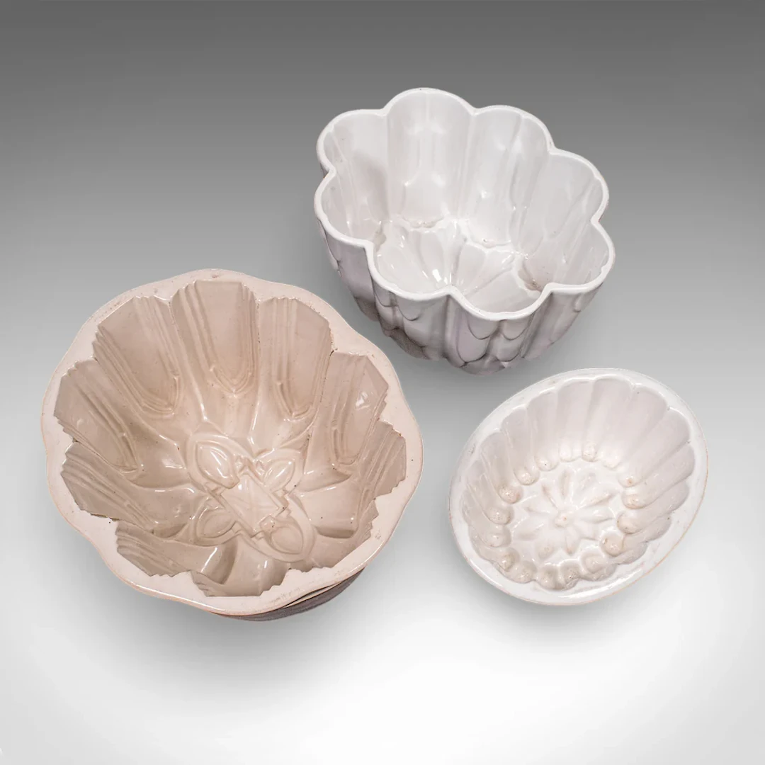 Trio Of Antique Jelly Moulds, English, Ceramic, Set, Country Kitchen, Victorian