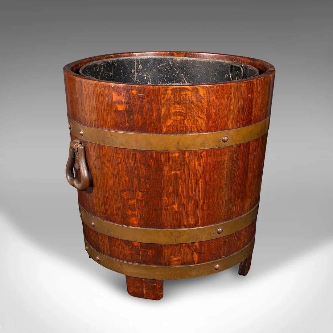 Antique Fireside Store, English, Oak, Coopered Fire Bucket, Coal Bin