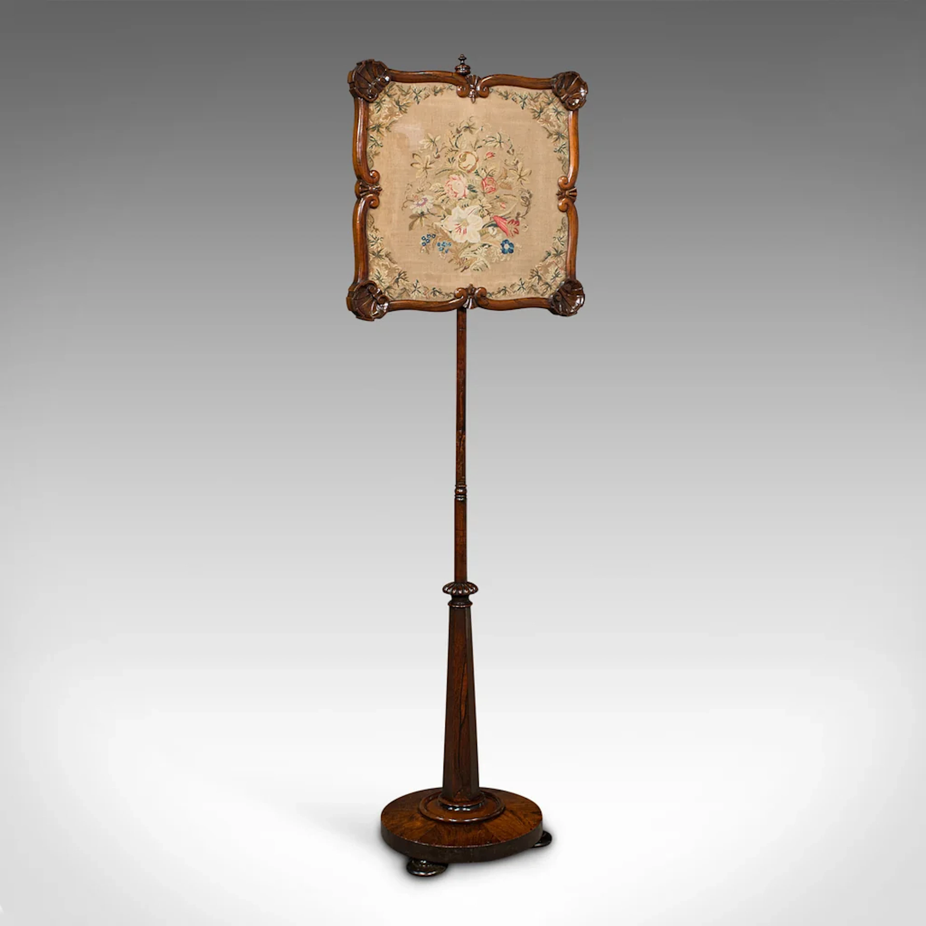 Antique Fireside Pole Screen, English, Needlepoint Tapestry, Adjustable