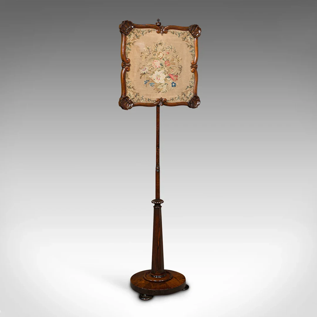 Antique Fireside Pole Screen, English, Needlepoint Tapestry, Adjustable