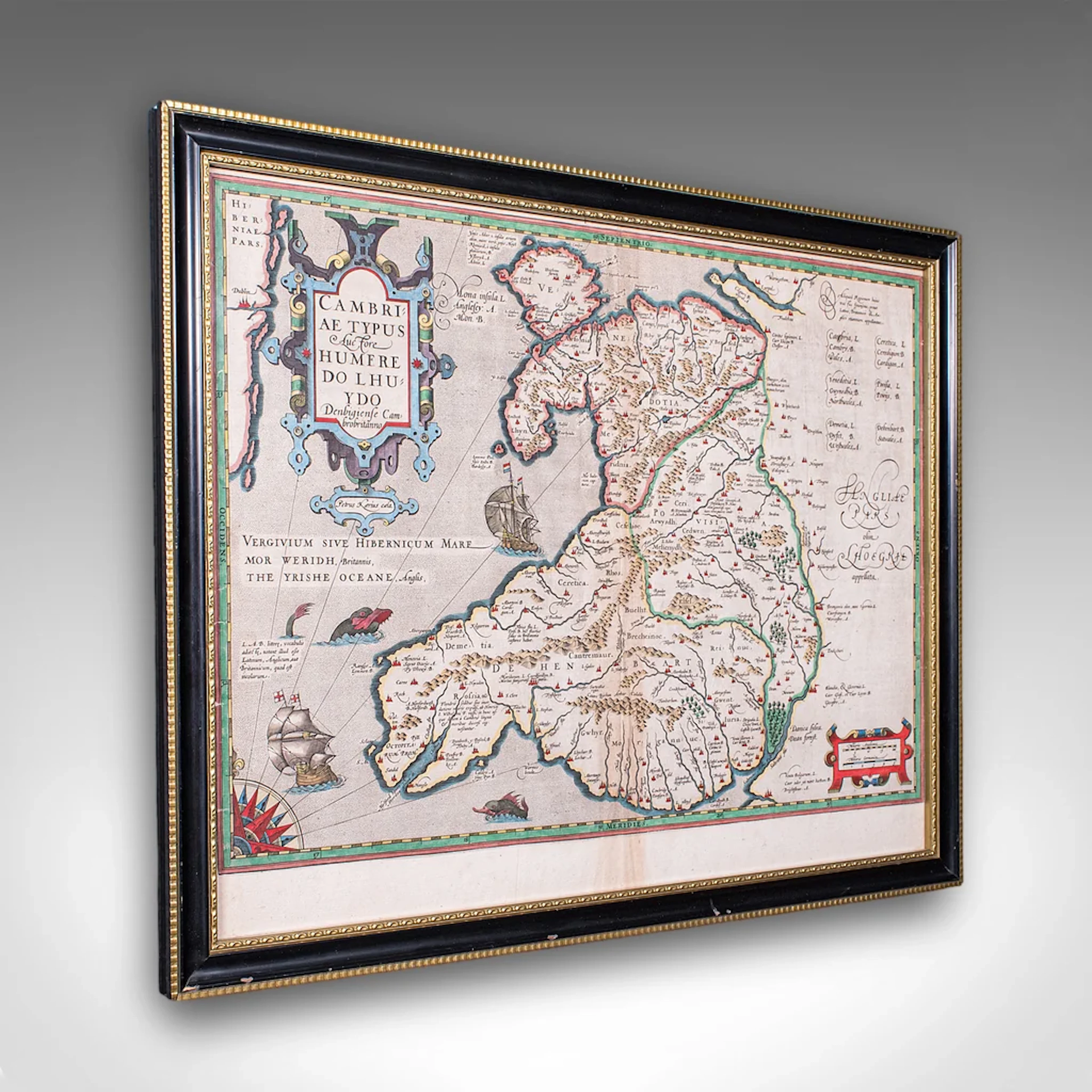 Antique Map of Wales, Belgian, Framed Atlas Excerpt, Elizabethan