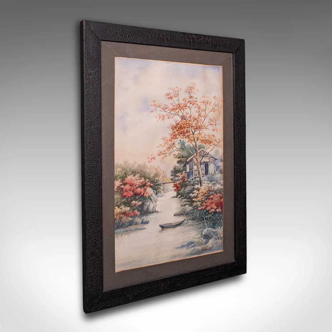 Vintage River Landscape Painting, Japanese School, Watercolour, Art
