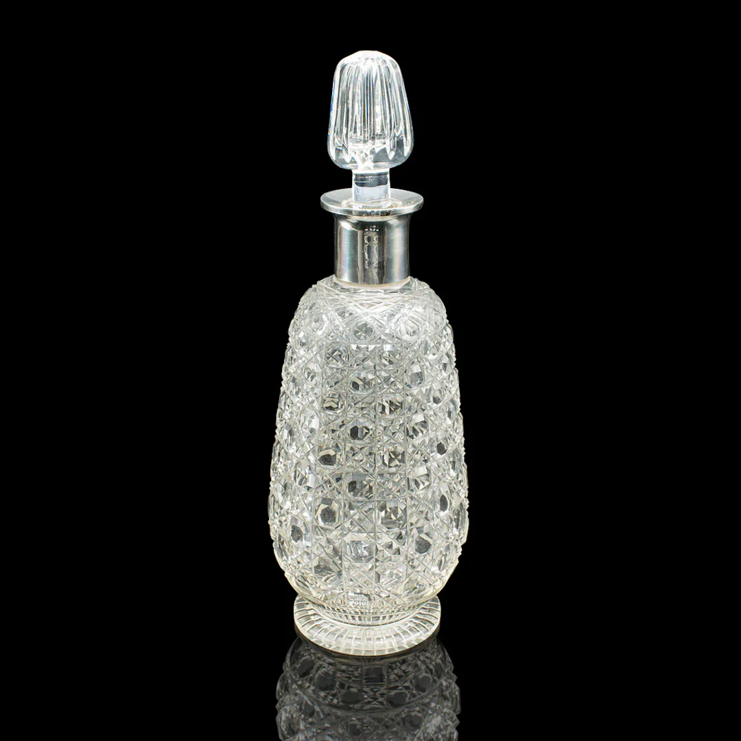 Antique Spirit Decanter, Edwardian, Cut Glass, Hallmarked Silver, English, 1903