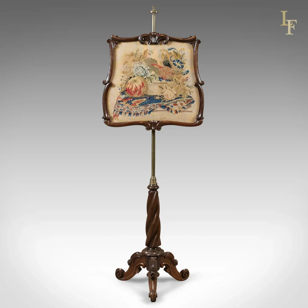Antique Pole Screen, Early Victorian Rosewood Fire Screen