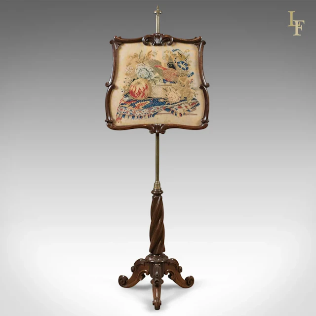 Antique Pole Screen, Early Victorian Rosewood Fire Screen