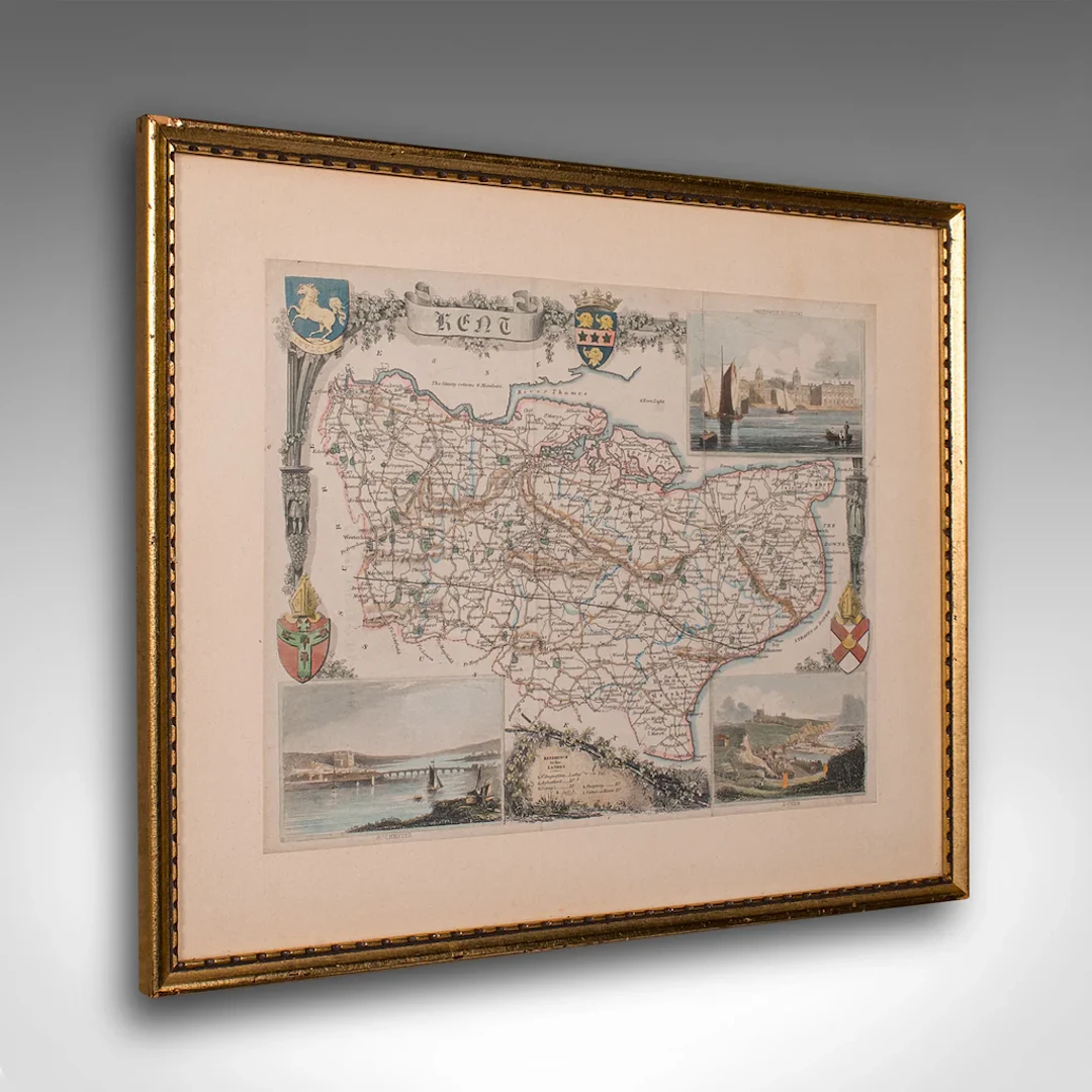 Vintage County Map, Kent, History 19th Century Cartography, After Thomas Moule