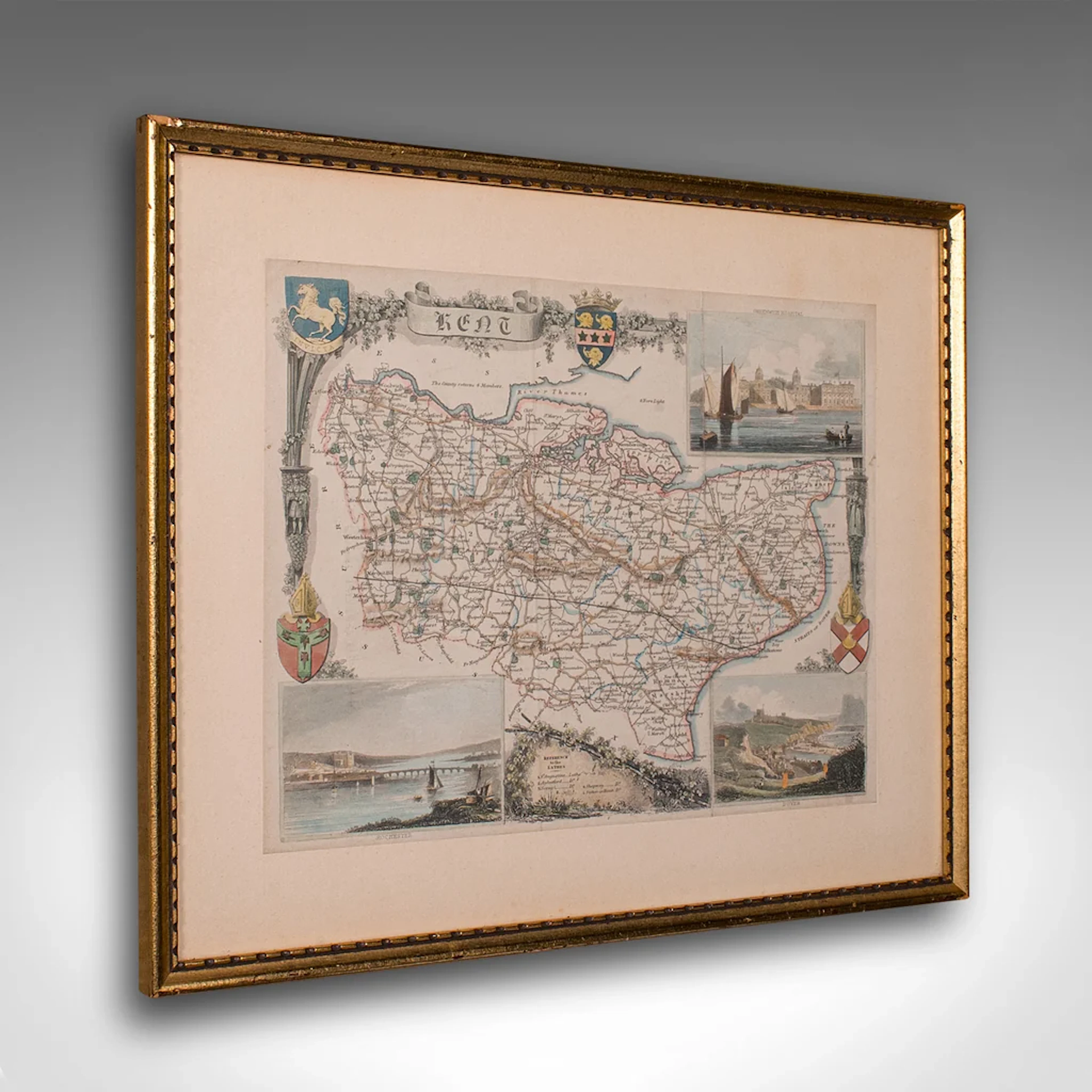 Vintage County Map, Kent, History 19th Century Cartography, After Thomas Moule