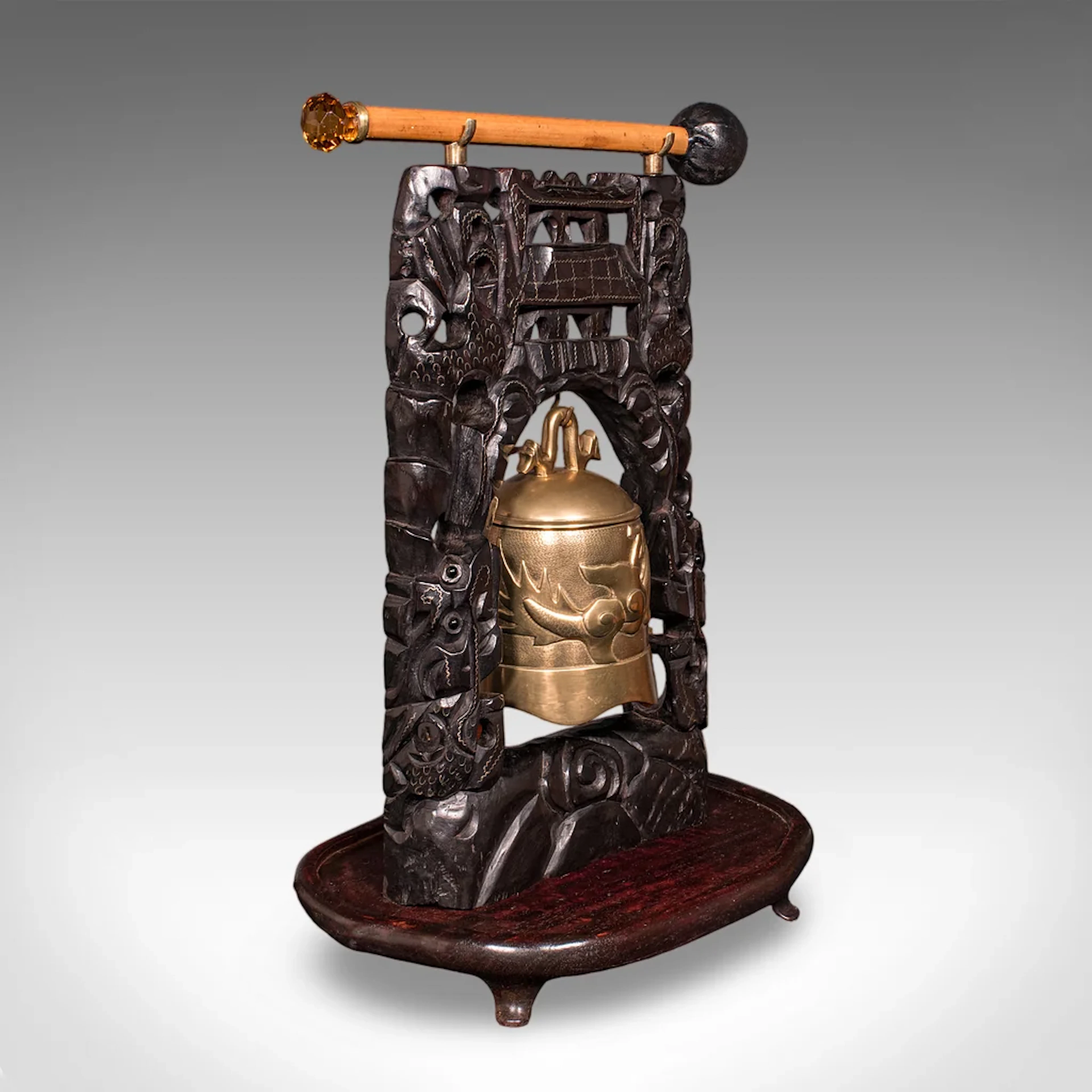Antique Tea Ceremony Gong, Oriental, Carved Stand, Brass Bell, Edwardian