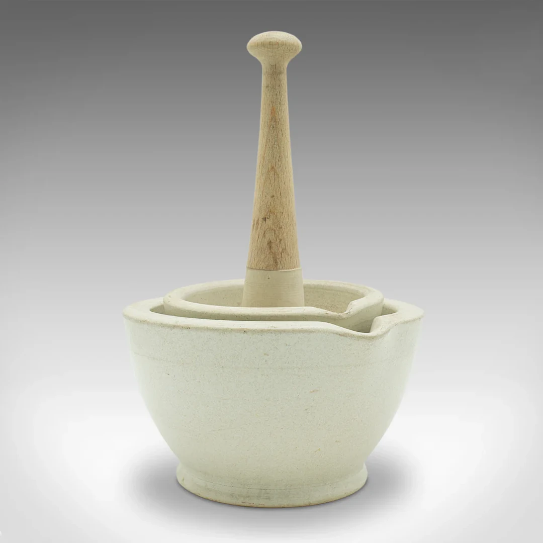 Small Antique Mortar & Pestle Duo, English, Ceramic, Beech, Cookery, Victorian