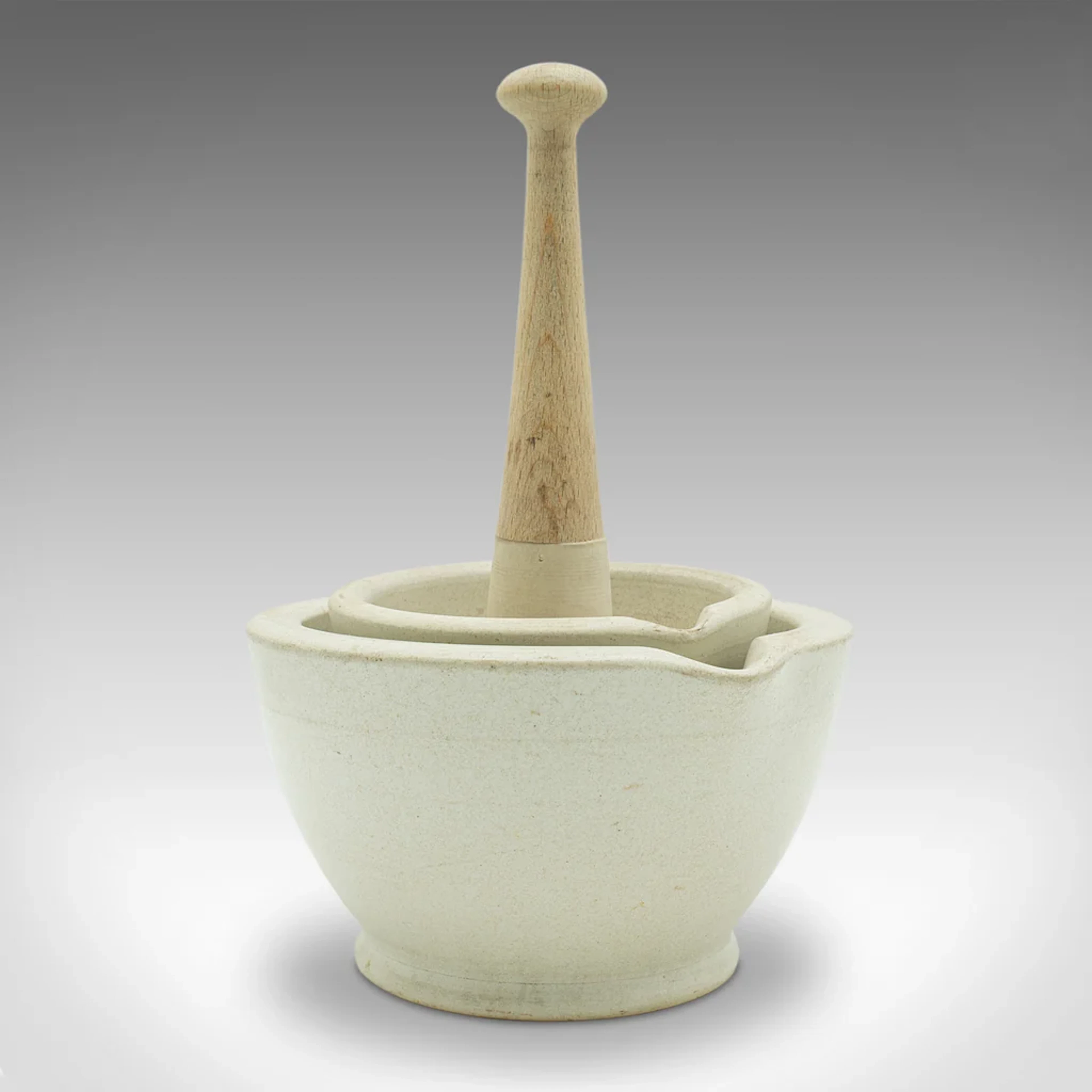 Small Antique Mortar & Pestle Duo, English, Ceramic, Beech, Cookery, Victorian