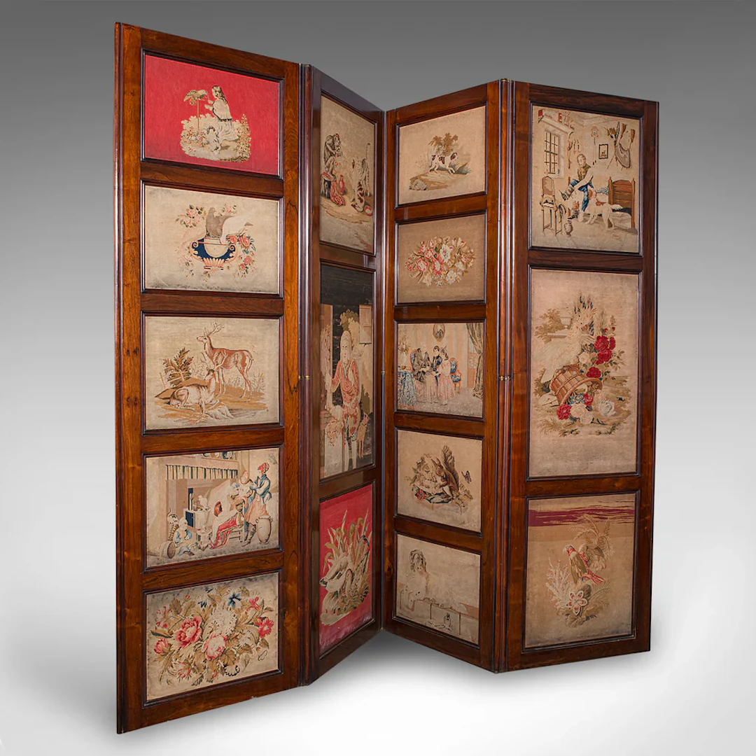 Large Antique 4-Panel Privacy Screen, English Room Divider, Needlepoint