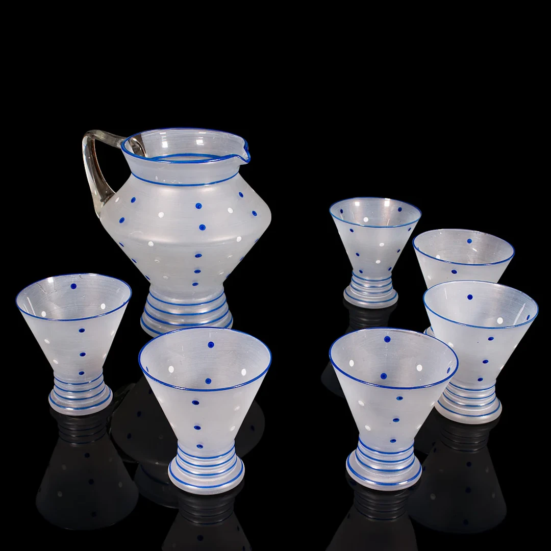 Vintage Lemonade Serving Set, French, Frosted Glass, Jug, 6 Cups