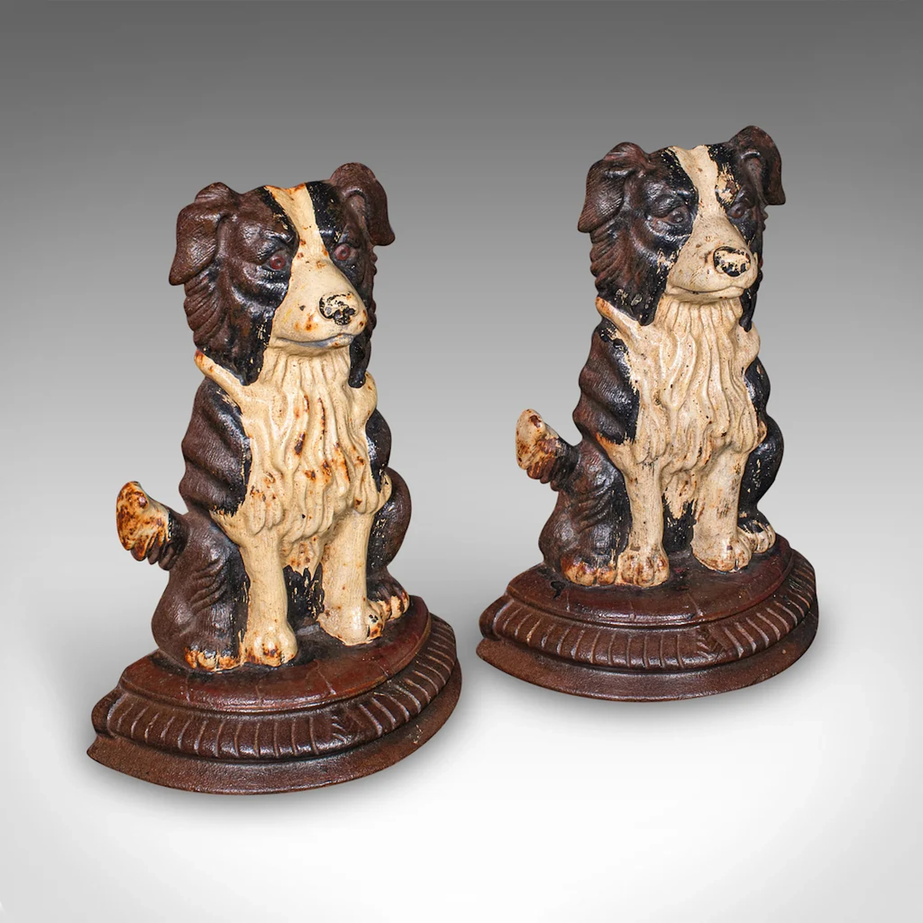 Pair of Antique Border Collie Doorstops, English, Dog, Door Keepers, Victorian