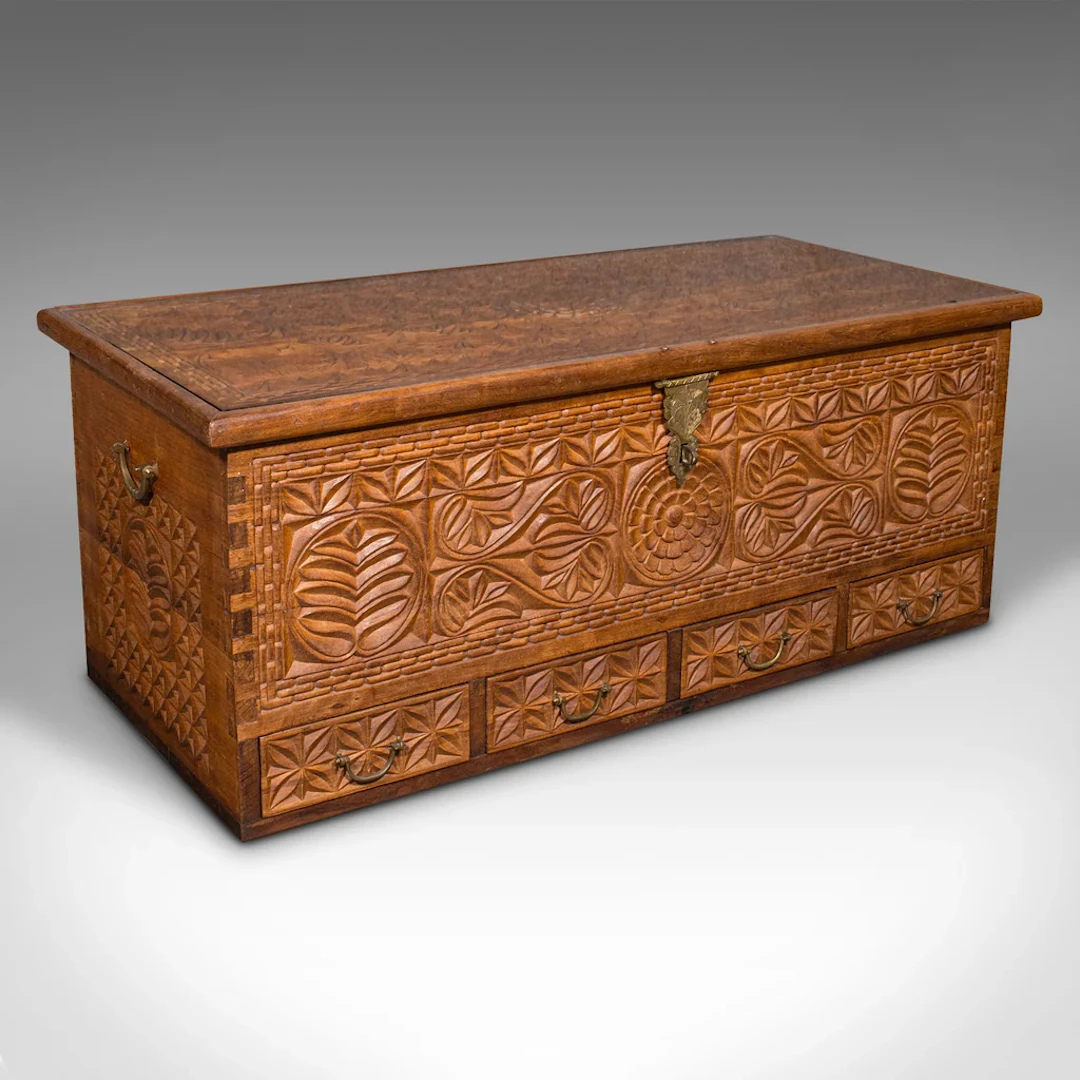 Large Vintage Carved Chest, Burmese, Solid Teak Decorative Trunk