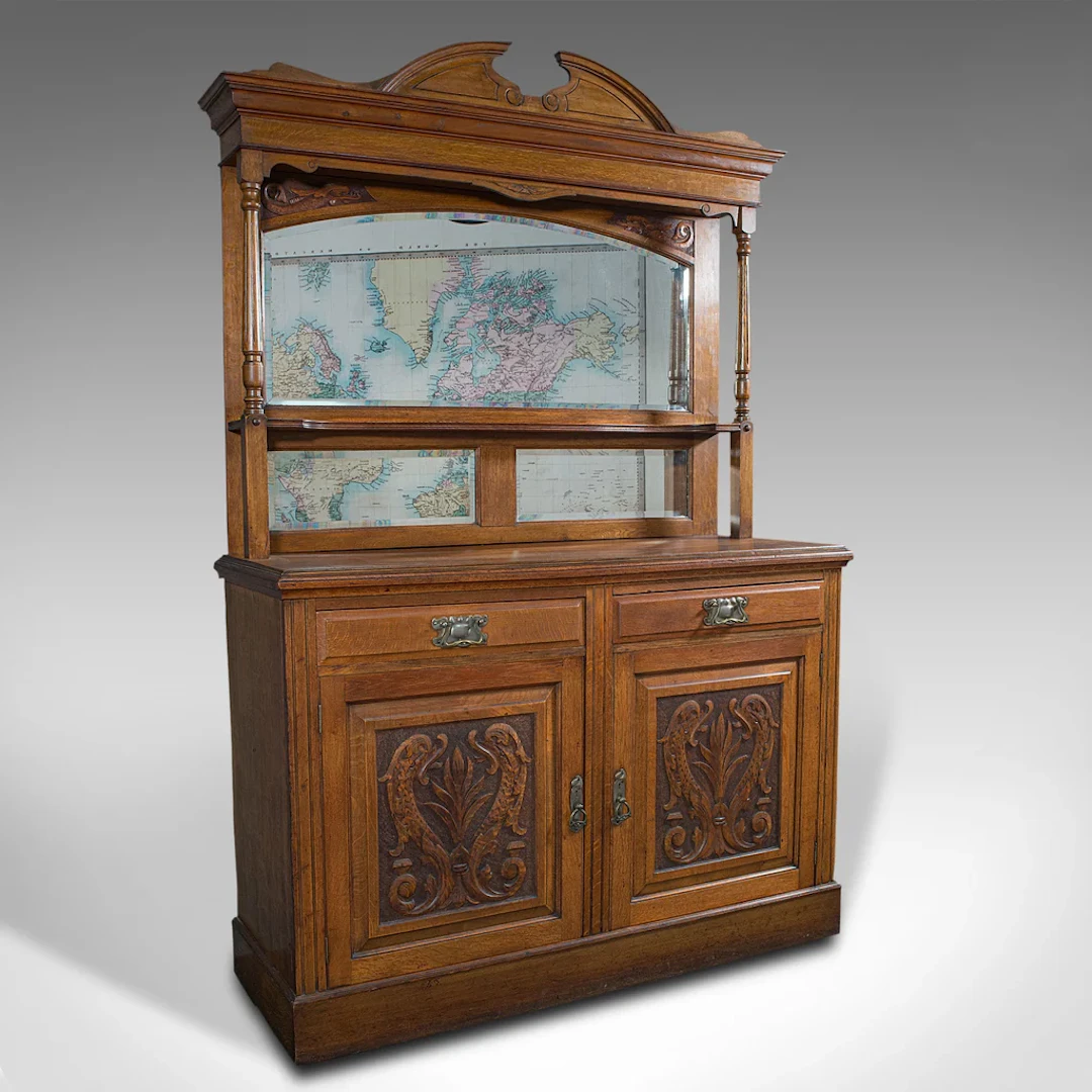 Large Antique Sideboard, English, Oak, Mirror, Cabinet, Arts & Crafts