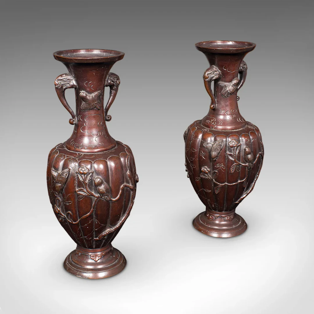 Pair Of Antique Stem Vases, Japanese, Bronze, Meiji Era, Baluster