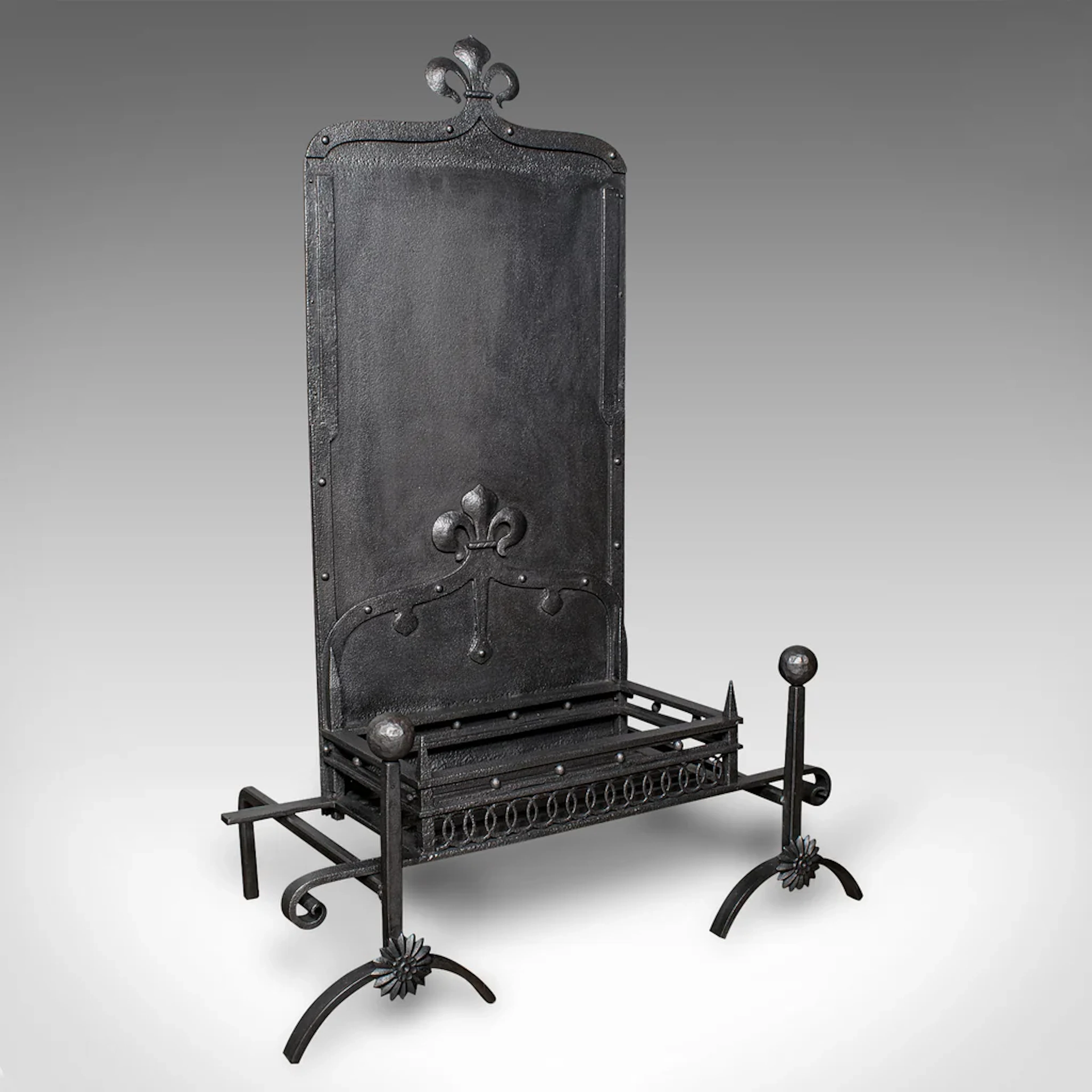 Antique Open Hearth Fireplace, English, Fire Basket, Andirons, Victorian