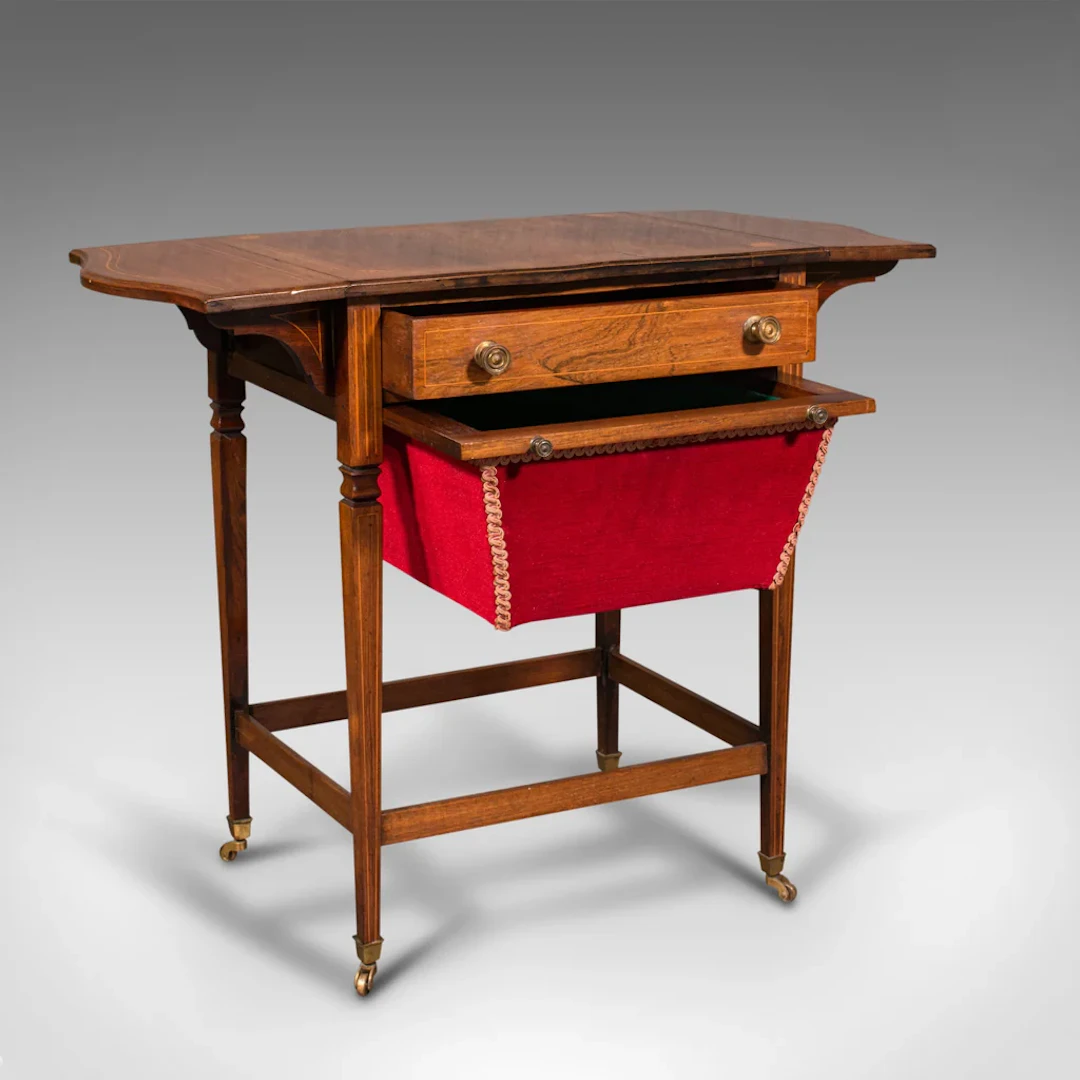 Antique Drop Leaf Sewing Table, English, Rosewood, Side, Lamp, Regency, C.1820