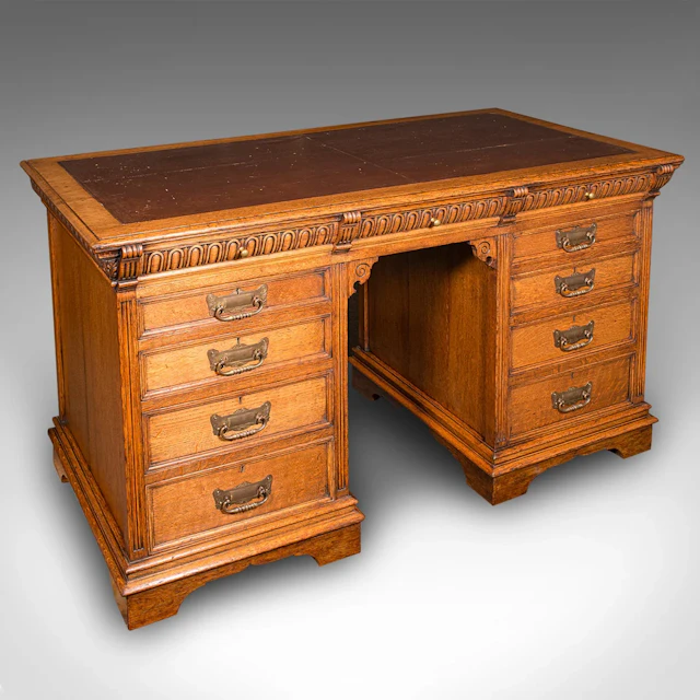 Antique Pedestal Desk, English, Oak, Leather, Merryweather & Son