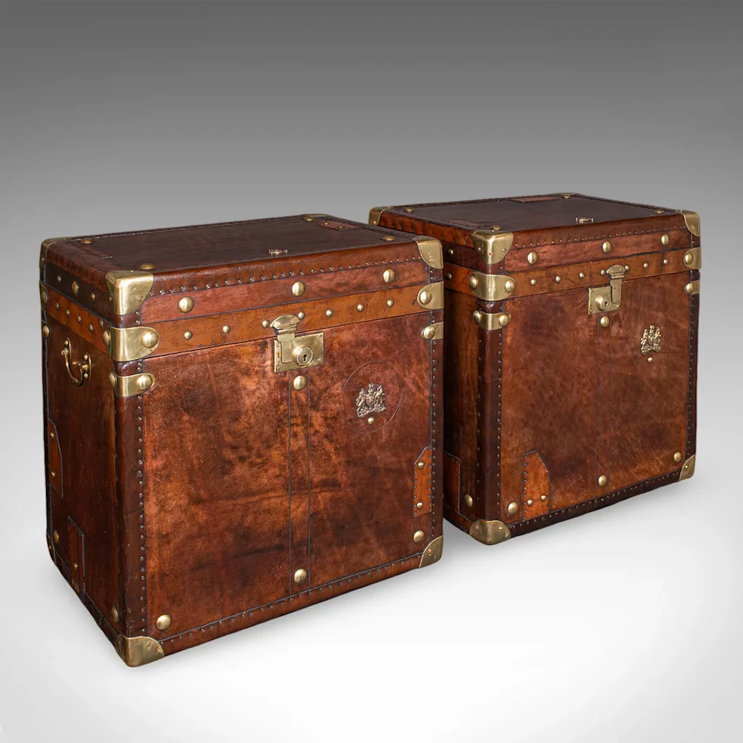 Pair Of Late Vintage Luggage Trunks, English Leather, Brass, Storage