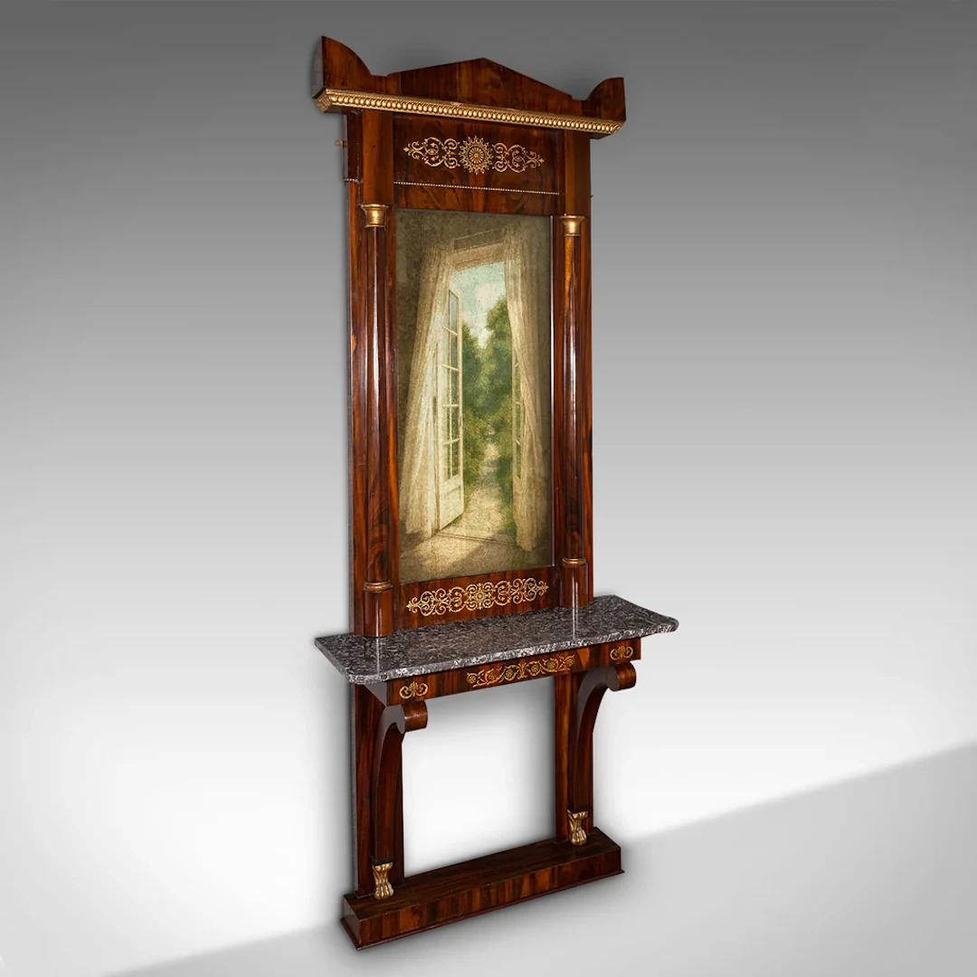Very Tall 8' Antique Empire Style Mirror, Italian, Walnut, Marble, Victorian
