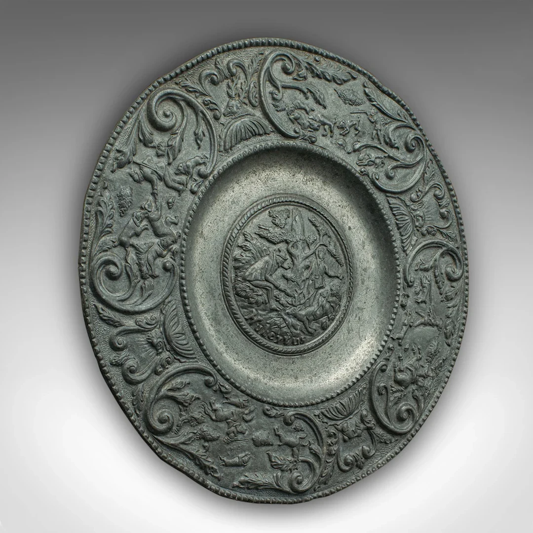 Antique Wall Plate, Continental, Lead, Display Dish, St Hubertus