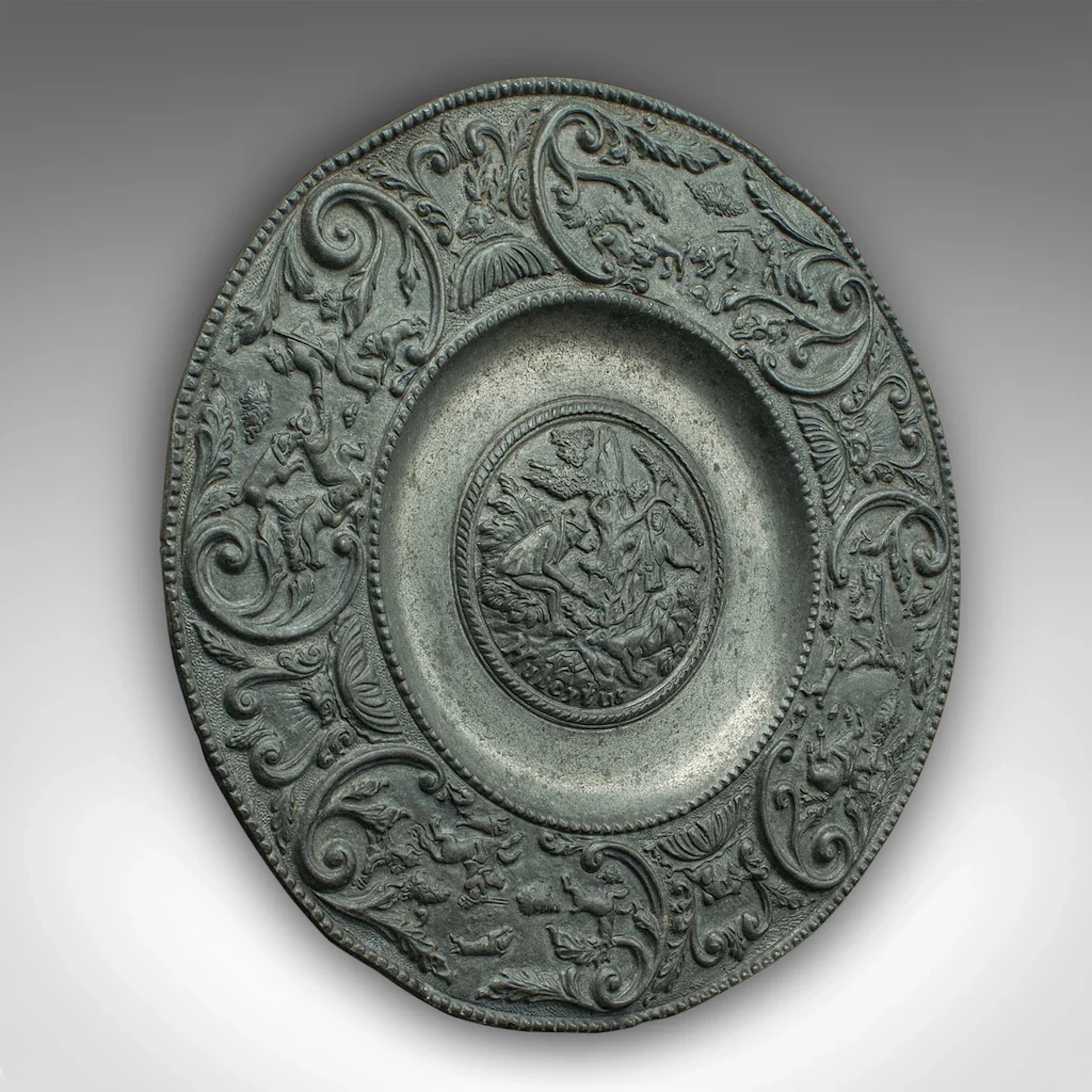 Antique Wall Plate, Continental, Lead, Display Dish, St Hubertus