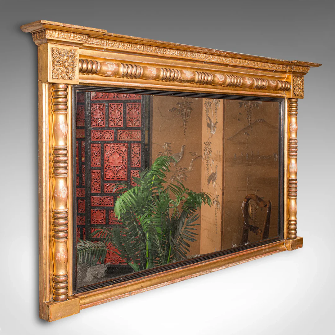 Large Antique Overmantle Mirror, English, Giltwood, Mercury Glass