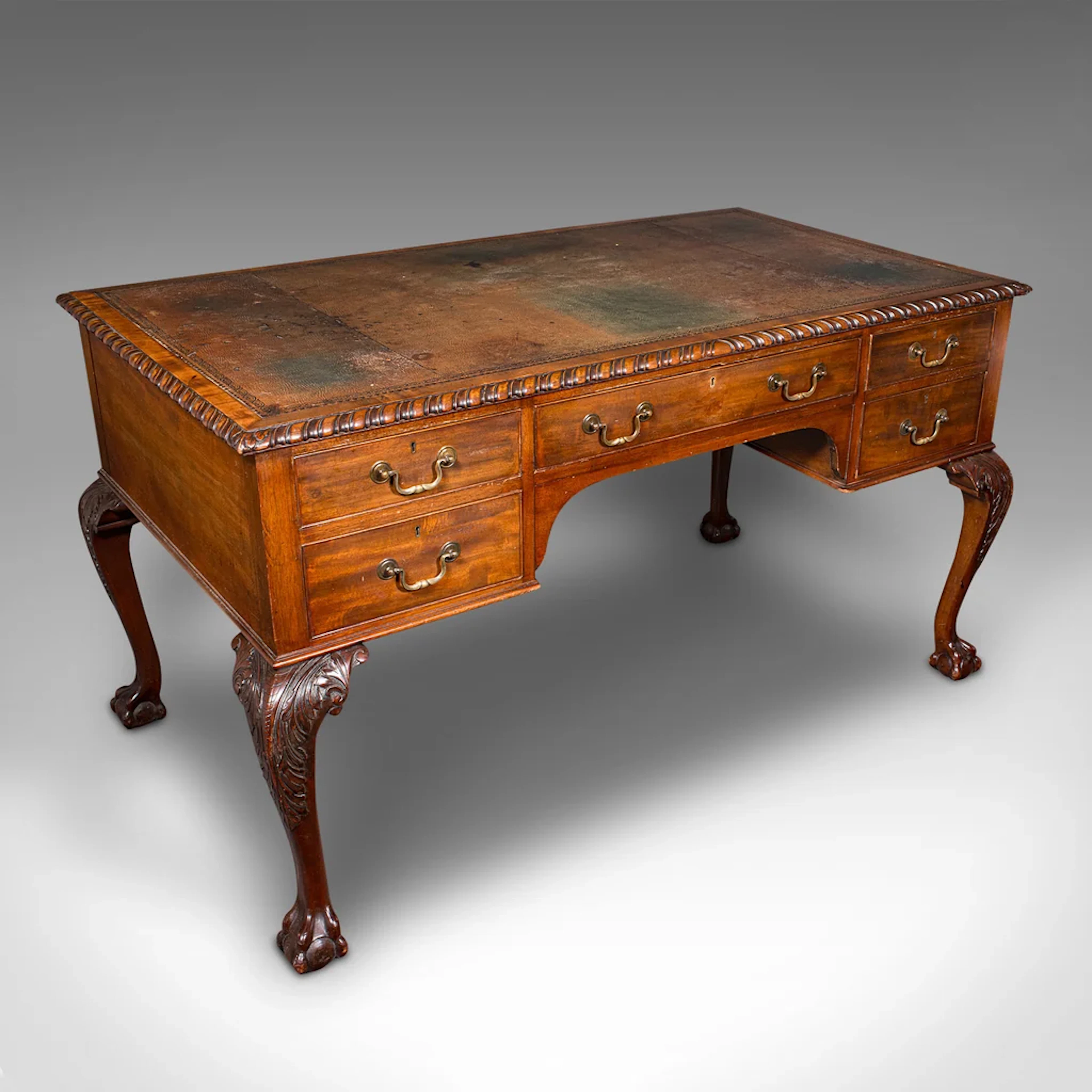 Antique Clerk's Desk, English, Leather, Partner, Home Office, Edwardian, C.1910