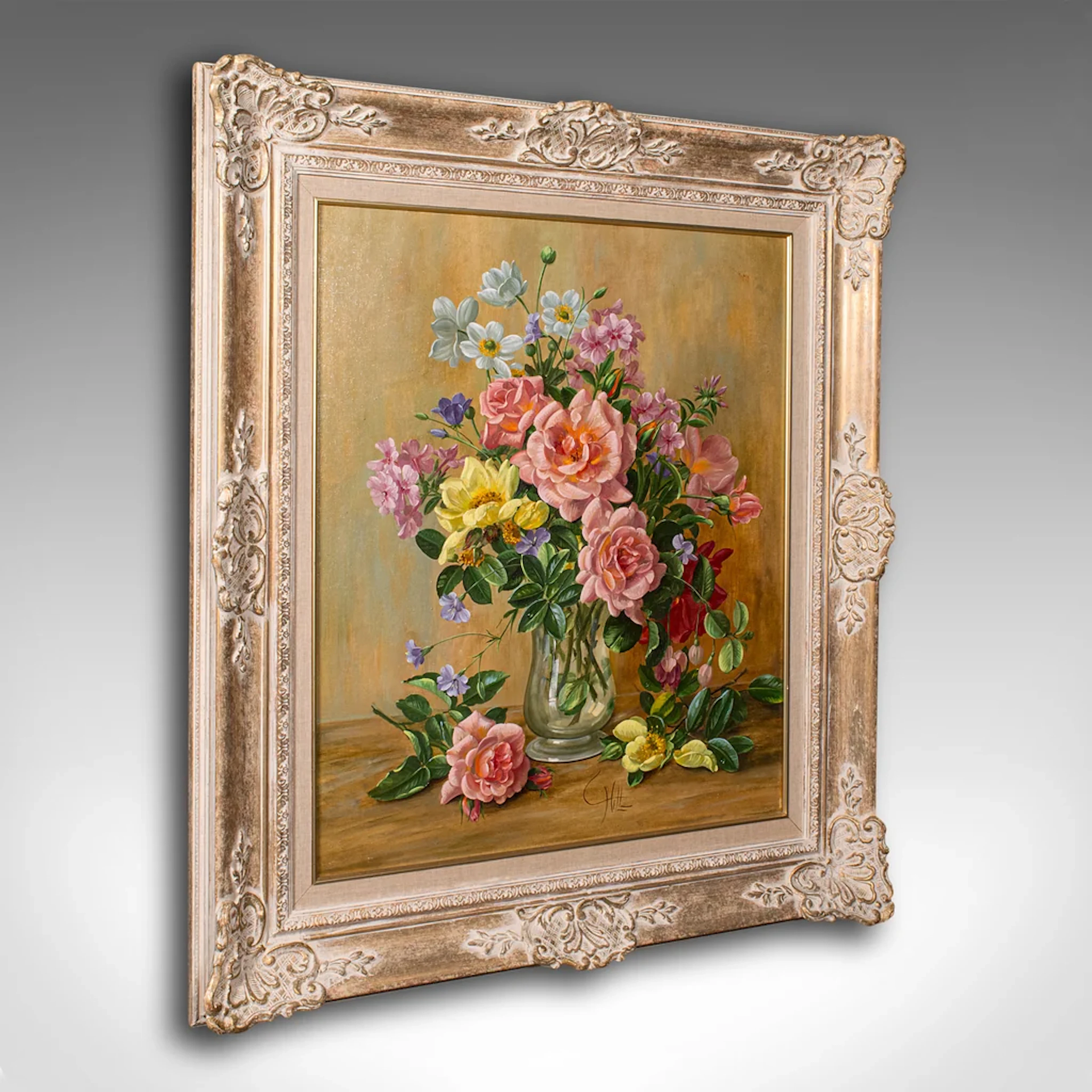 Vintage Still Life Painting, English, Oil on Board, Flowers, Art, Charles Hill