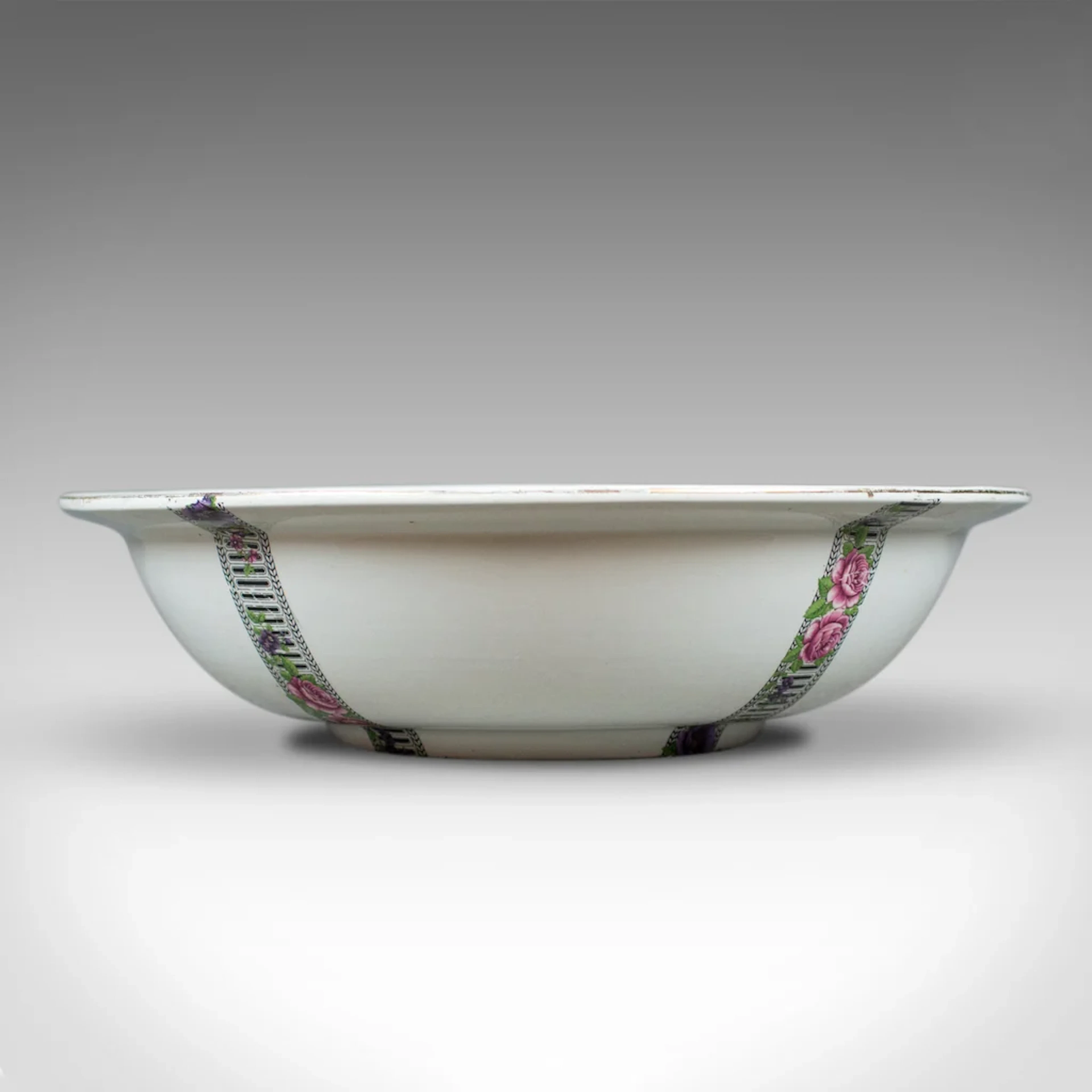 Large Vintage Fruit Bowl, Ceramic Basin, White, Decorative, Floral Bands C20th
