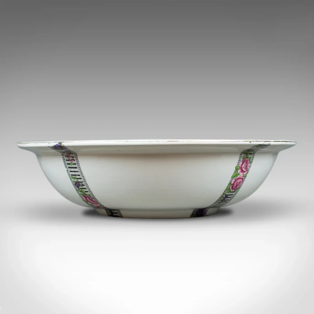 Large Vintage Fruit Bowl, Ceramic Basin, White, Decorative, Floral Bands C20th