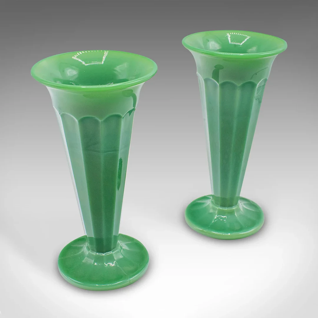 Pair Of Vintage Trumpet Vases, English, Cloud Glass, Flower Sleeve, Art Deco