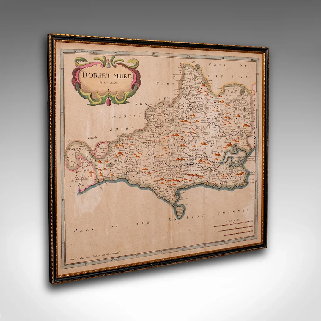 Large Antique 17th Century Dorset Map, Framed Cartography, Atlas, Robert Morden
