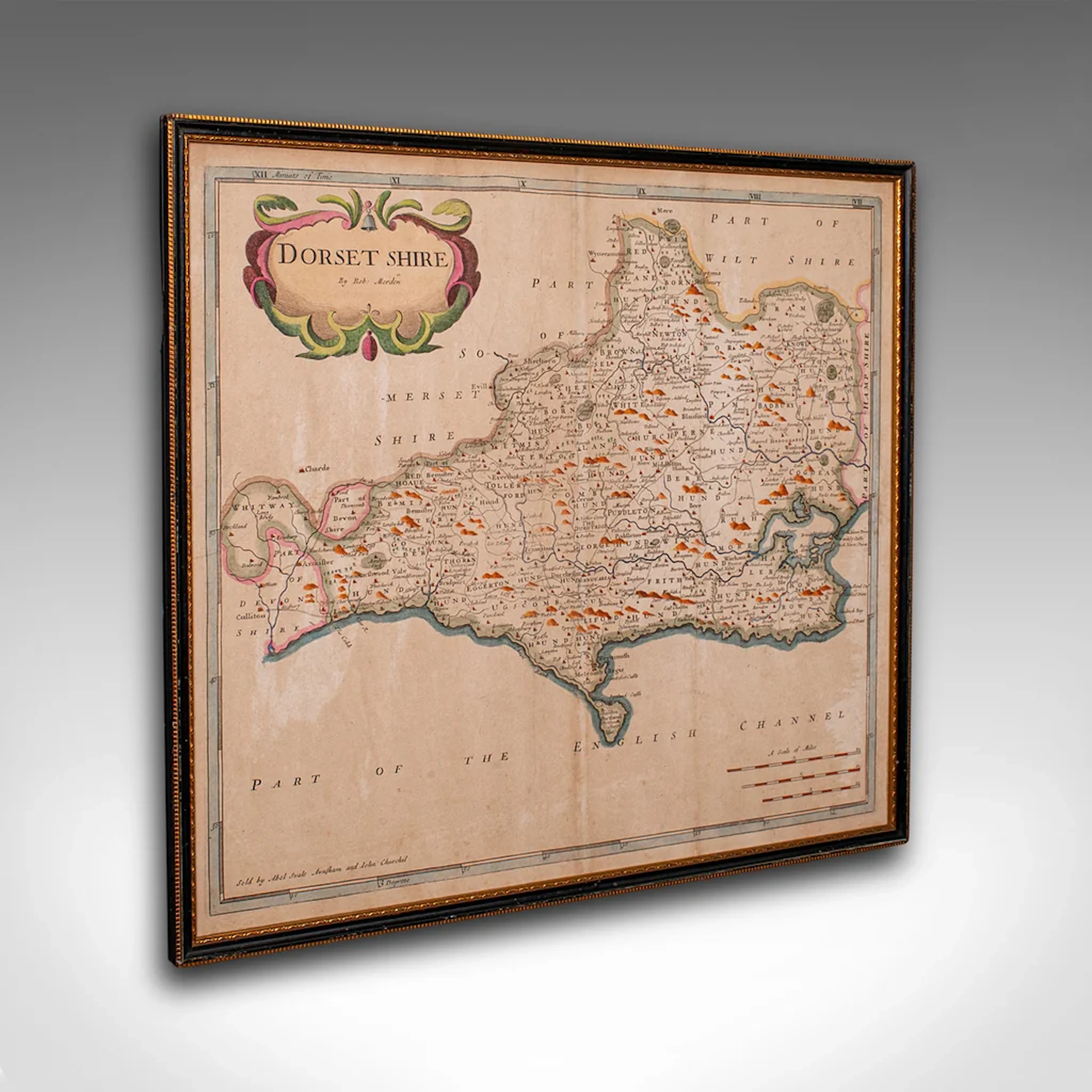 Large Antique 17th Century Dorset Map, Framed Cartography, Atlas, Robert Morden