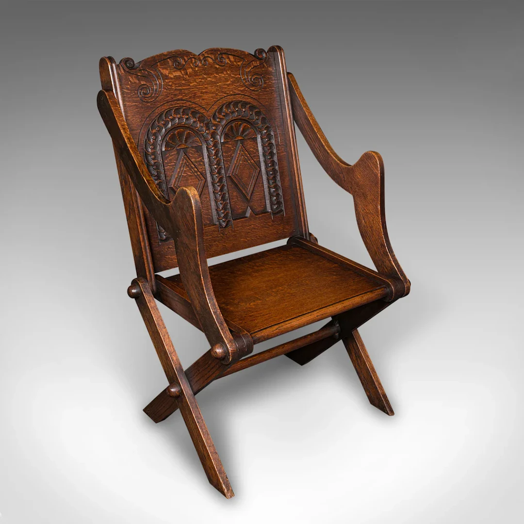 Antique Glastonbury Chair, Welsh Oak, Gothic Revival Elbow Seat, Victorian