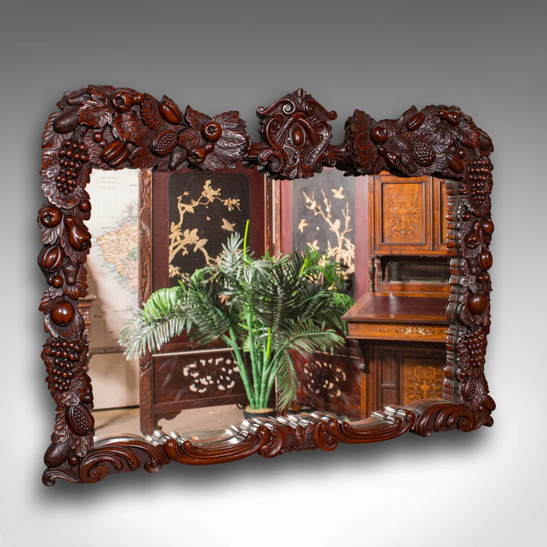 Antique Overmantle Mirror, English, Country House, Carved, Victorian