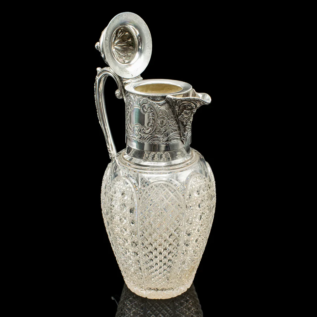 Antique Dessert Wine Jug, English, Glass, Silver Plate, Serving Ewer, Victorian
