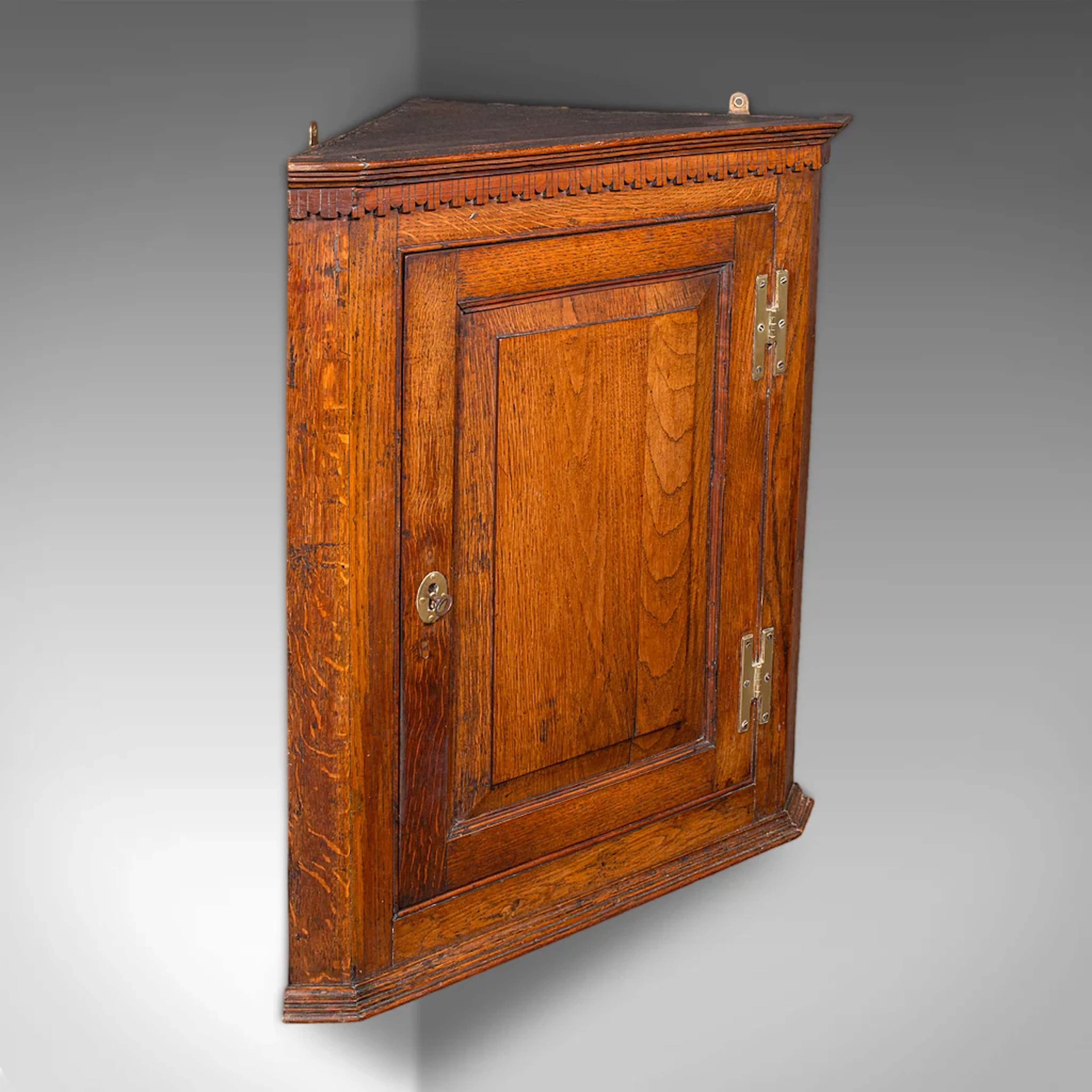Small Antique Corner Cabinet, English, Golden Oak, Hanging Cupboard, Georgian