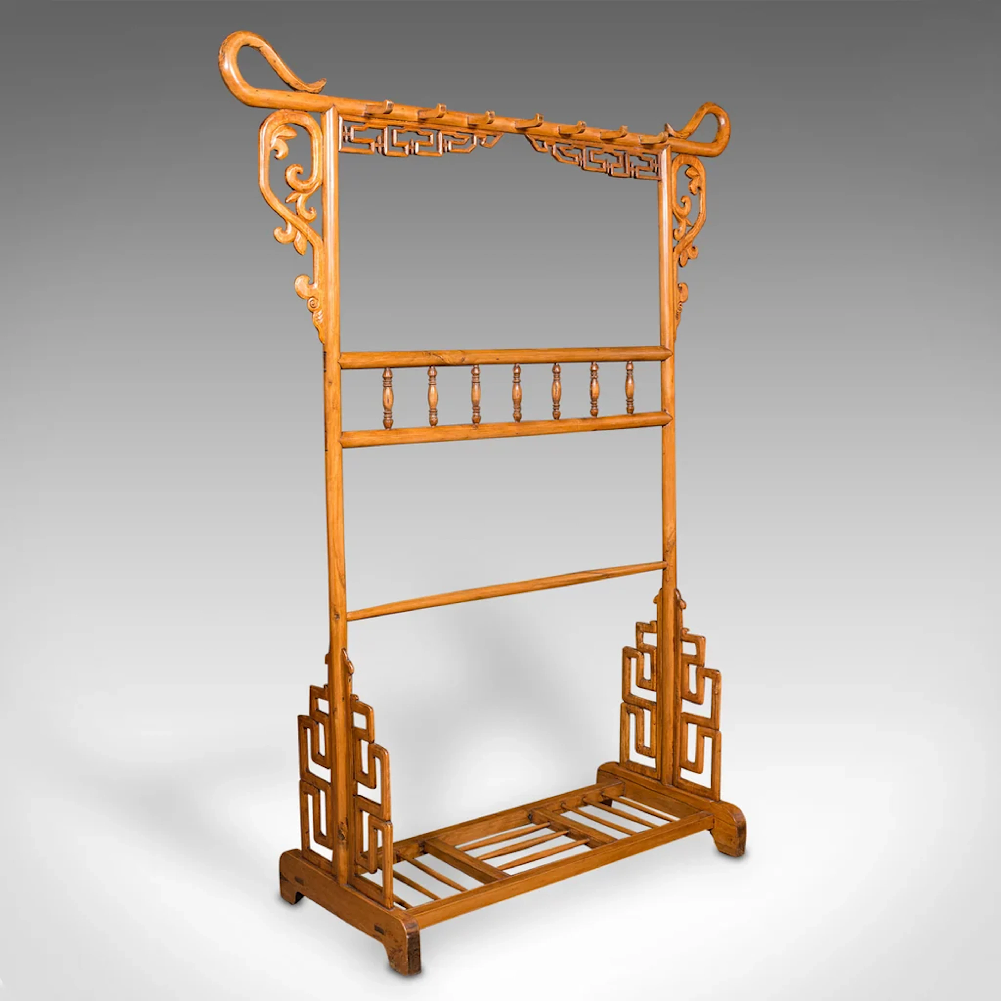 Tall Antique Carved Hall Stand, Oriental, Chinese Elm, Hat, Coat Rack