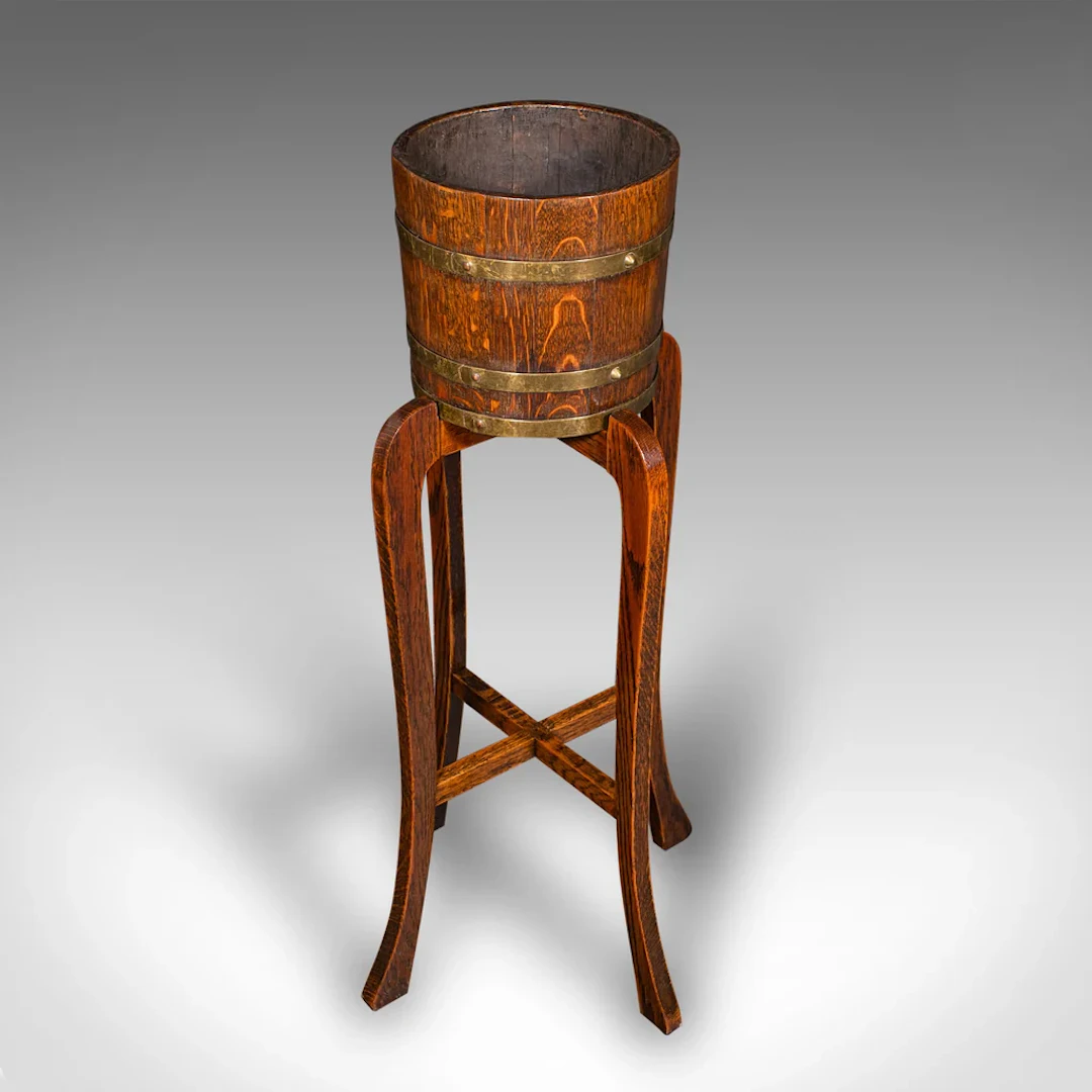Antique Coopered Barrel Jardiniere Stand, English Oak, Brass, Planter