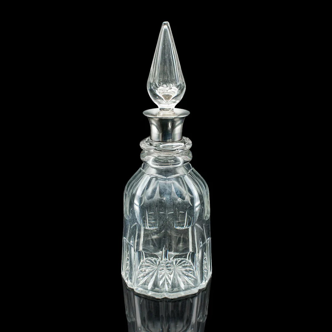 Vintage Port Decanter, English, Glass, Spirit Vessel, Hallmarked Silver, 1928