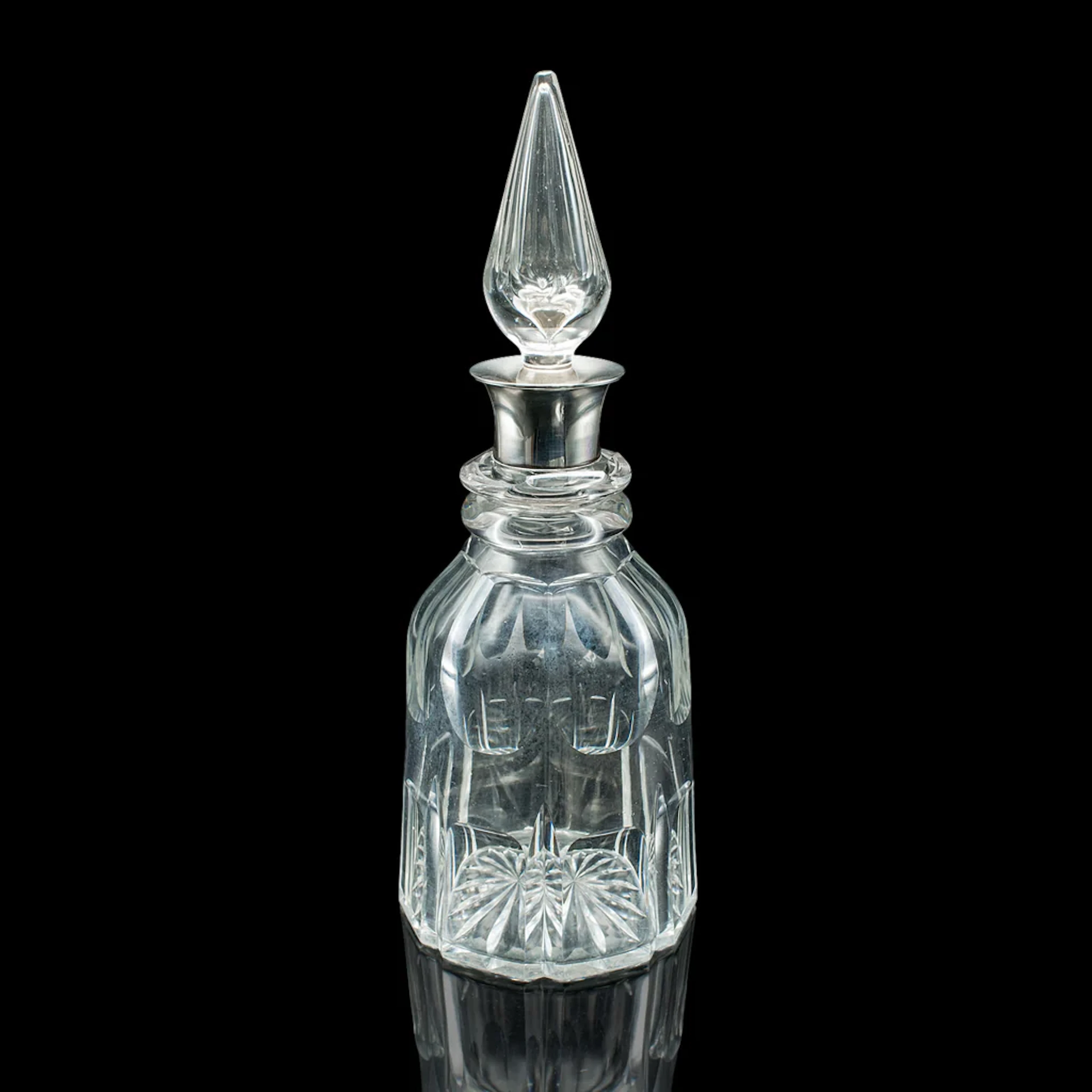 Vintage Port Decanter, English, Glass, Spirit Vessel, Hallmarked Silver, 1928