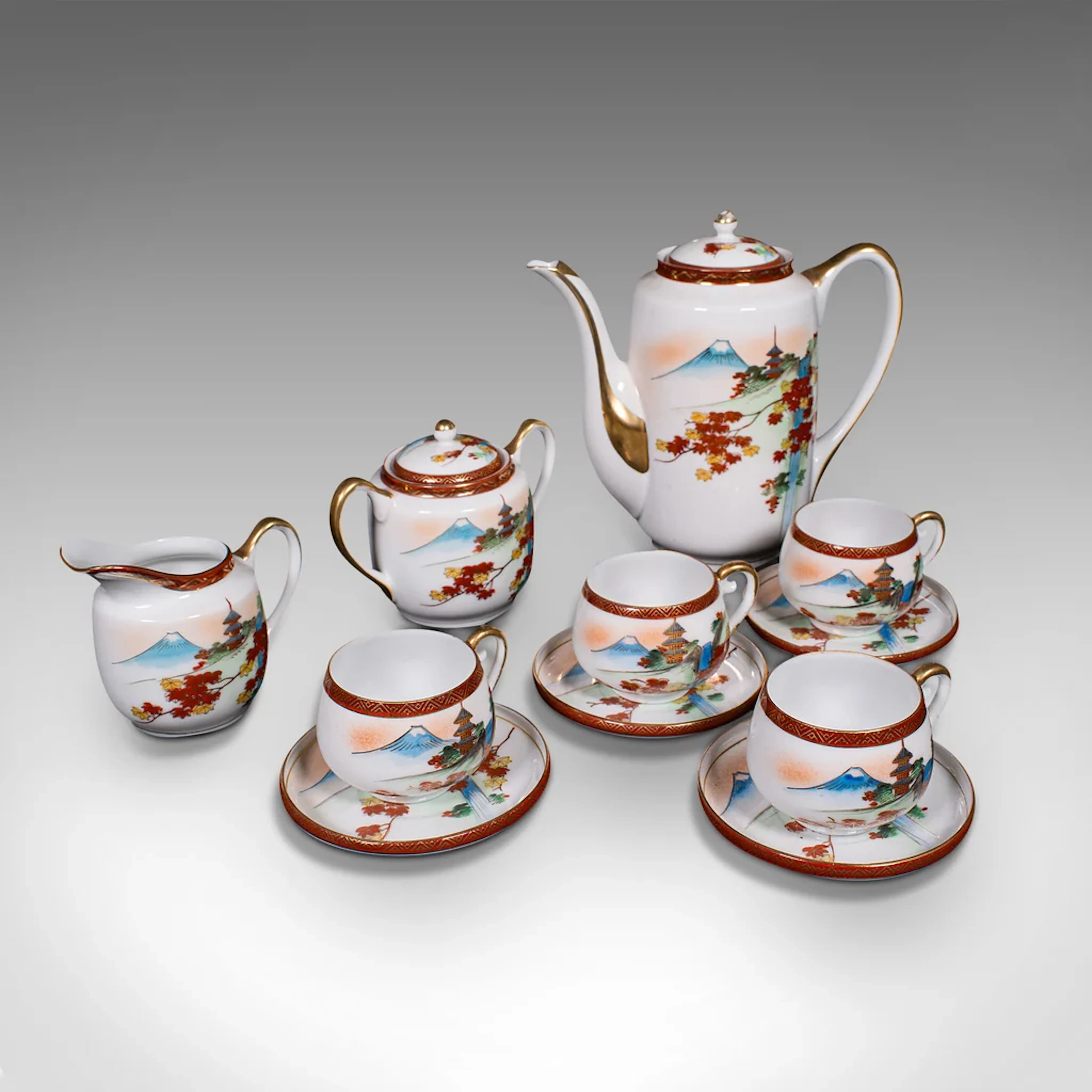 Vintage 4-person Tea Set, Japanese, Ceramic, Teapot, Cups, After Arita