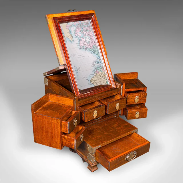 Vintage Valet Case, Korean, Oriental Elm, Brass, Grooming Box, Mirror, C.1970