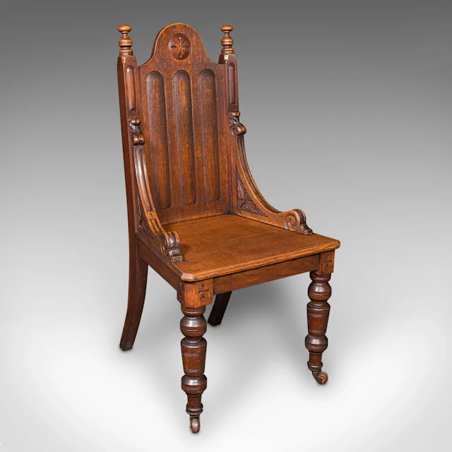Antique Gothic Revival Hall Chair, Scottish Oak, Reception Seat, Victorian