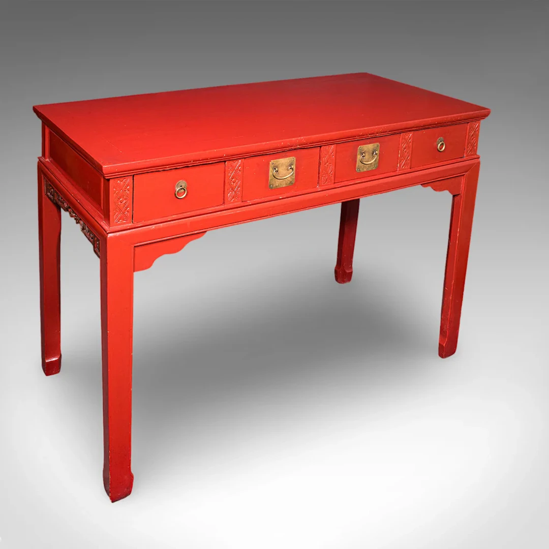 Tall Vintage Art Deco Revival Hall Table, Oriental, Red Lacquer, Side