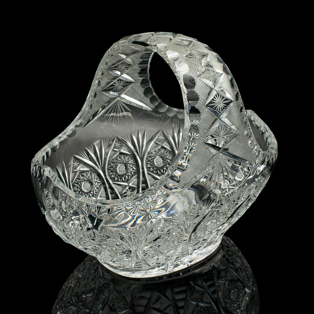 Vintage Crystal Fruit Trug, English, Cut Glass, Decorative Basket, Mid Century